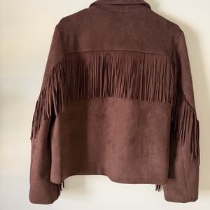 For The Republic Faux Leather Suede Western Fringe Jacket Size L Brown NWT